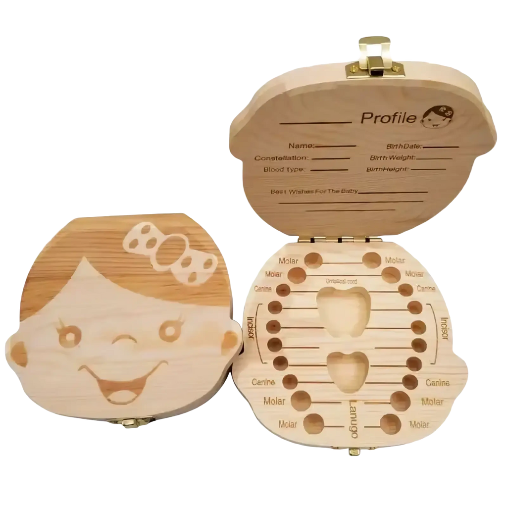 Light-colored wooden baby tooth storage box with smiling face design and labeled slots for tooth keepsake organization