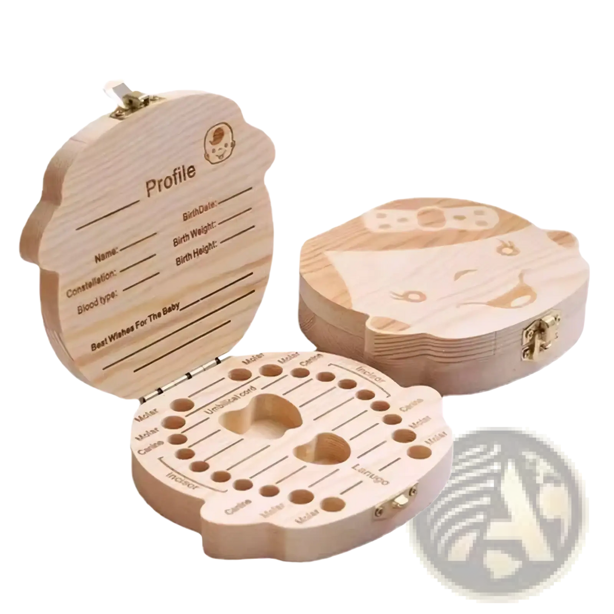 Light-colored wooden baby tooth storage box with engraved lines labels and bear face design for keepsake organizing