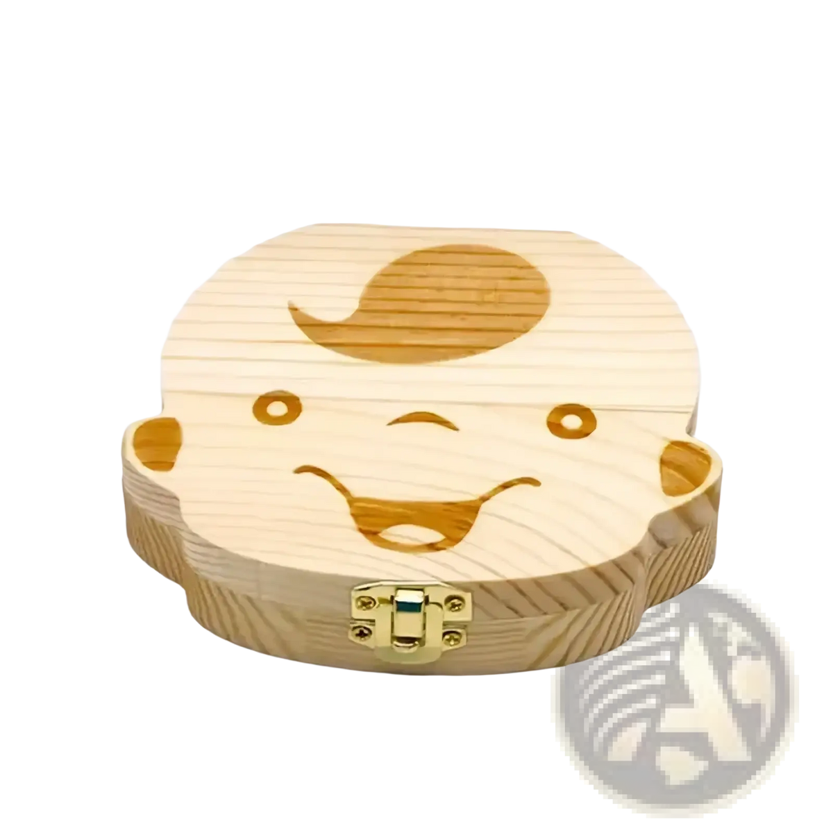 Wooden baby tooth storage box shaped like a smiling baby face with engraved details and gold metal clasp