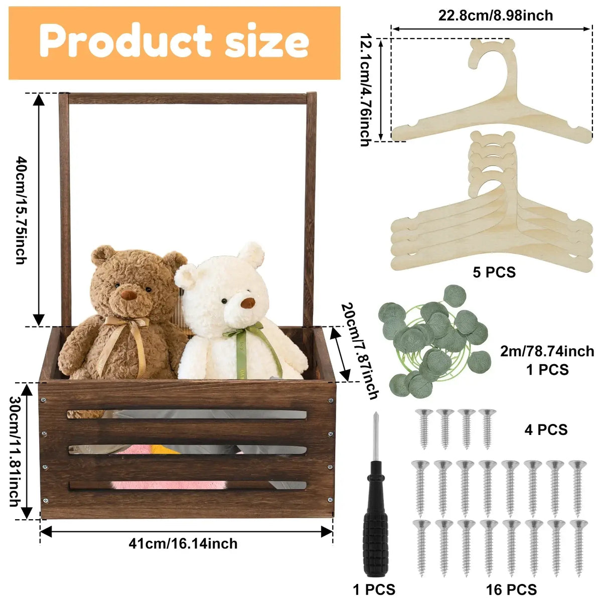 Dark brown wooden baby toy storage crate with slatted sides hinged lid and two stuffed bears inside