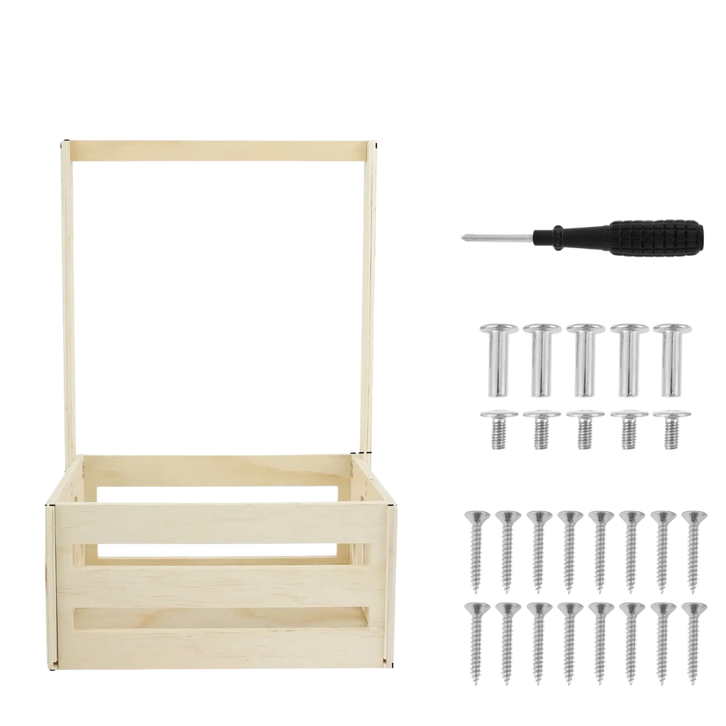 Light-colored wooden baby toy storage crate with hinged lid and slatted sides for toy and clothing organization