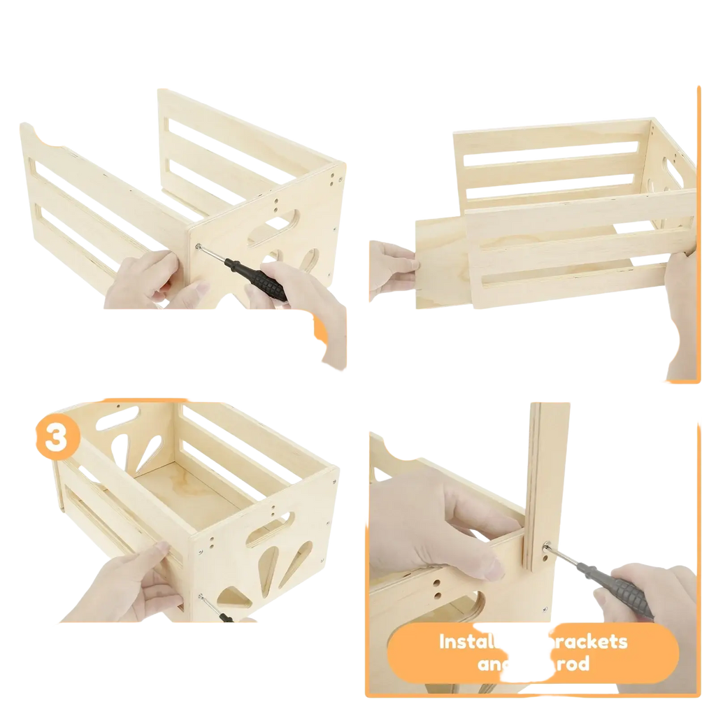 Light-colored wooden baby toy storage crate with slatted sides and decorative cutouts for organizing clothing and toys