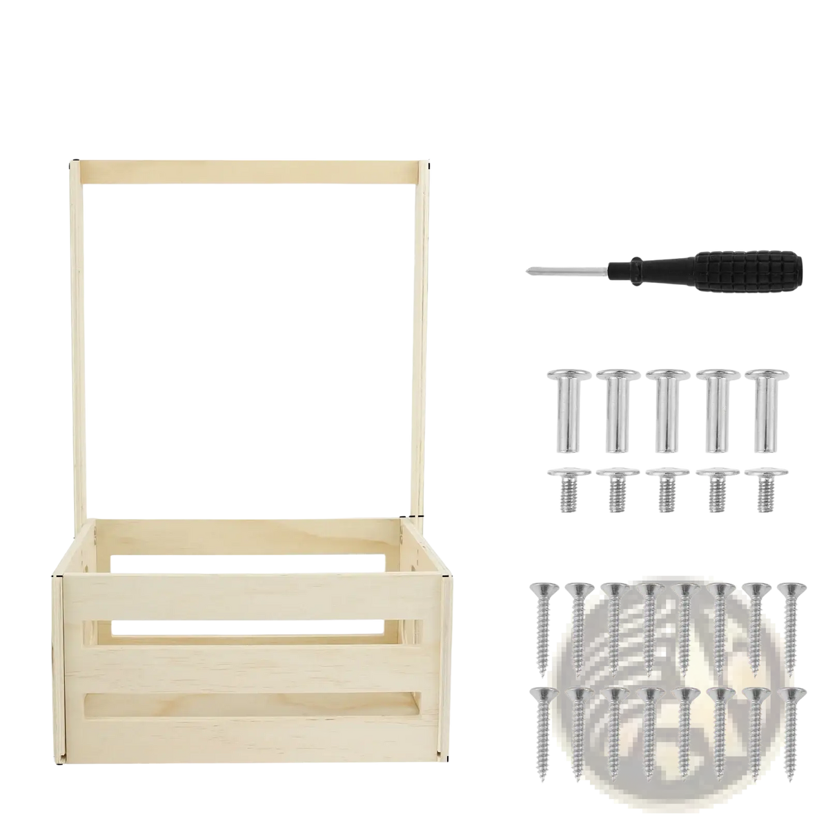 Light-colored wooden baby toy storage crate with hinged lid and slatted sides for toy and clothing organization