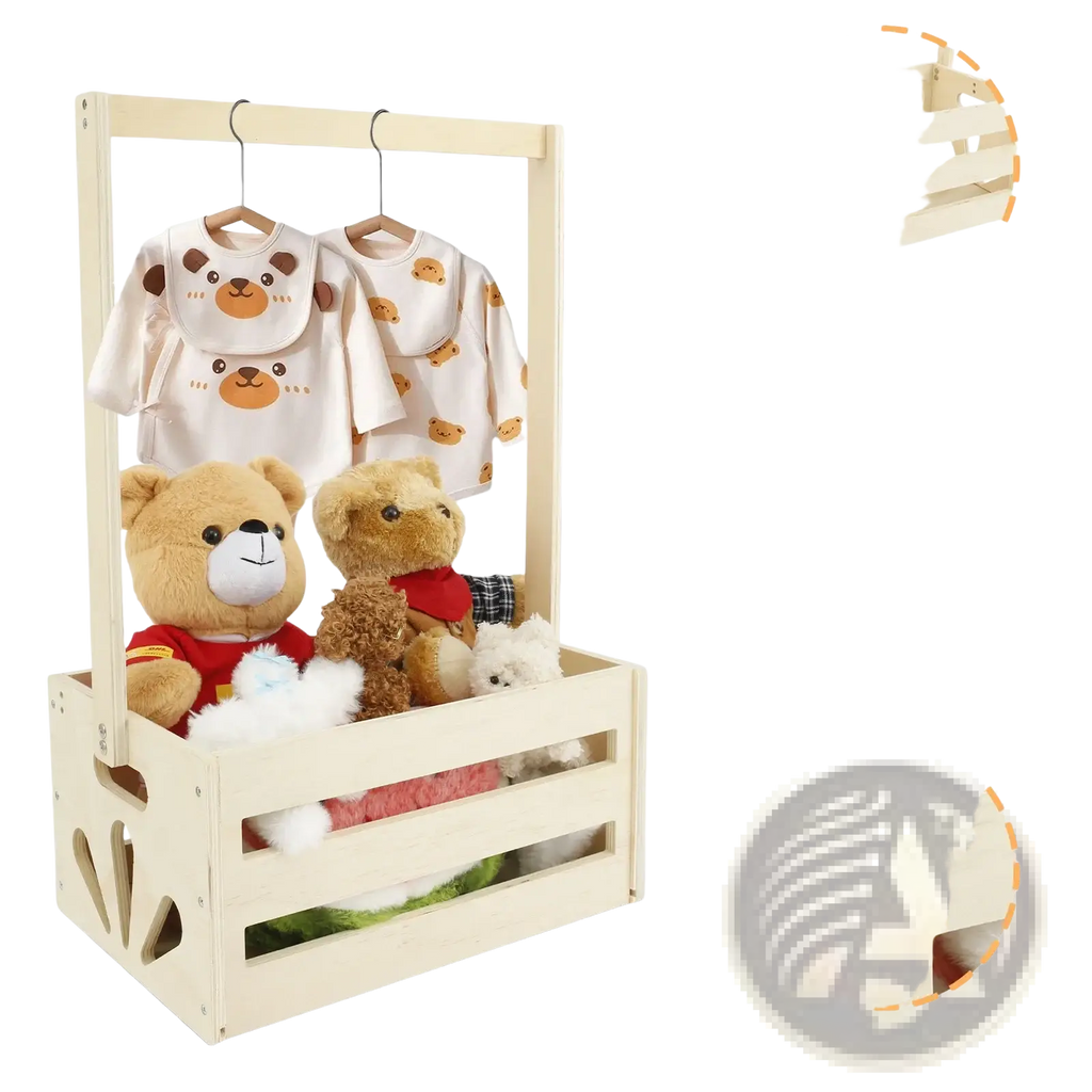Light-colored wooden baby toy storage crate and clothing organizer with rounded edges, top hanging bar, and stuffed animal compartment