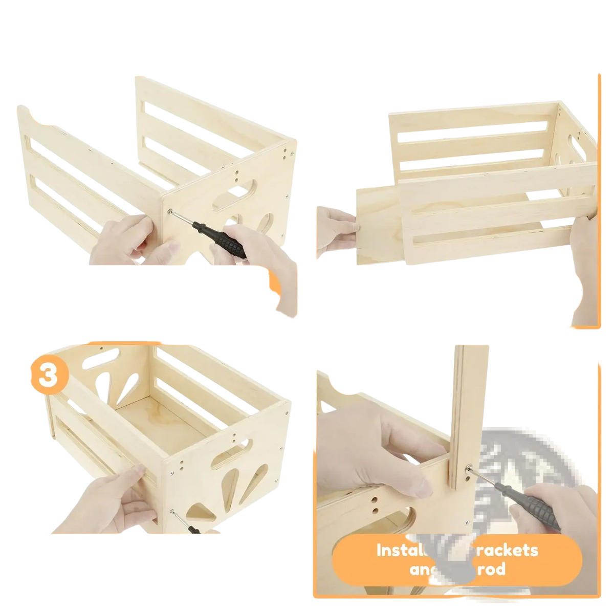 Light-colored wooden baby toy storage crate with slatted sides and decorative cutouts for organizing clothing and toys