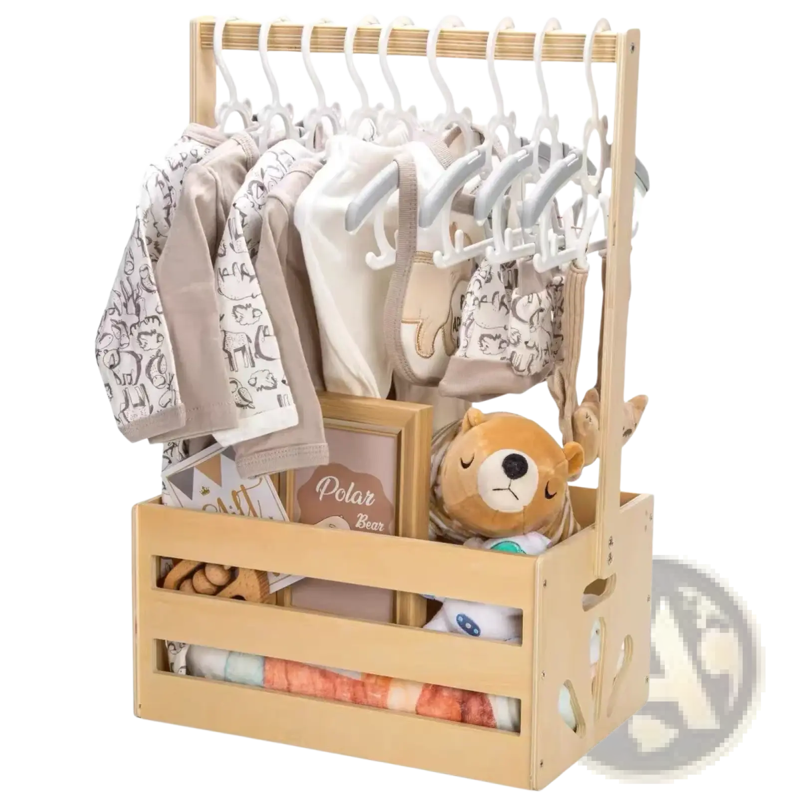 Light wood wooden baby toy storage crate and clothing organizer with white hangers holding neutral onesies and a plush bear