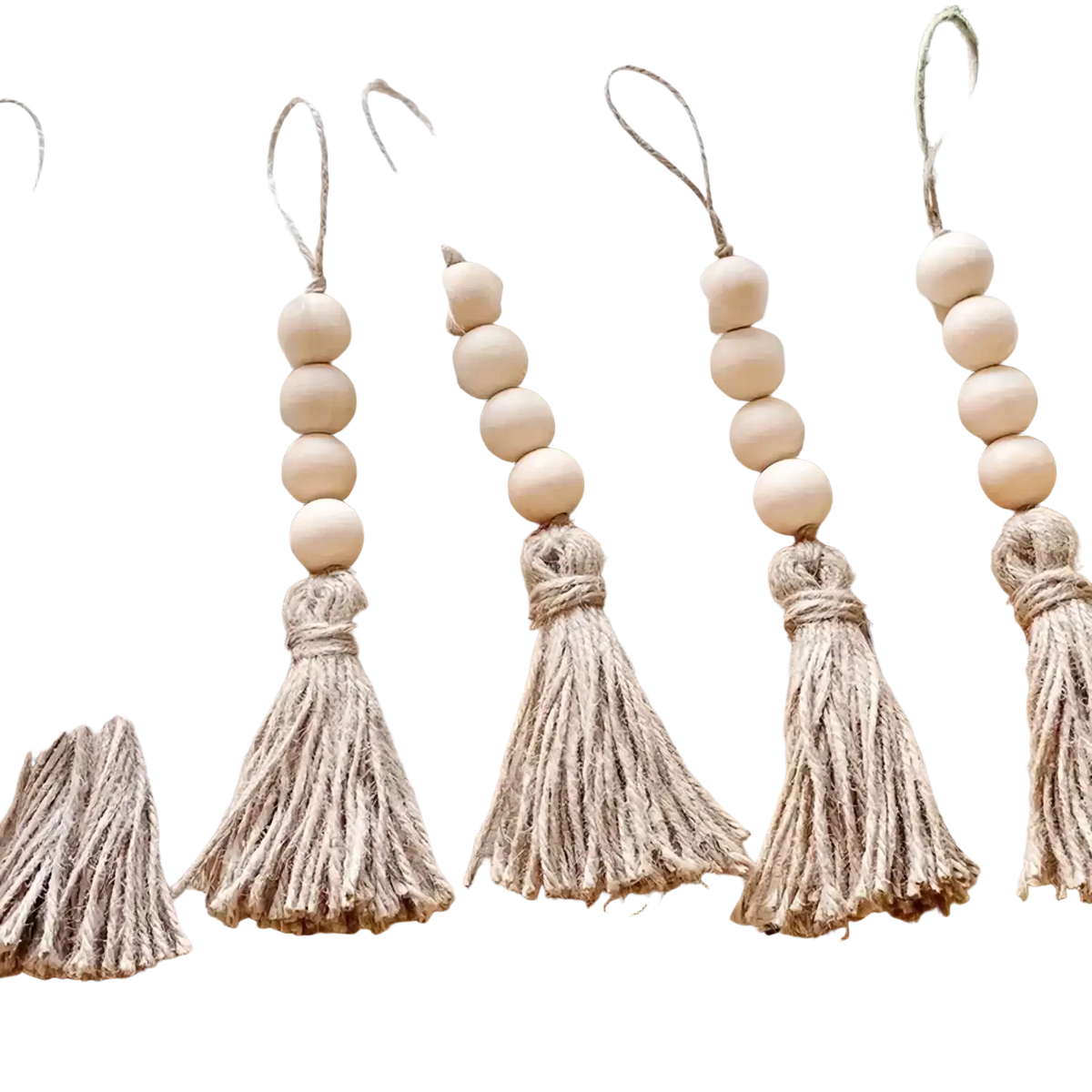 Beige wooden bead garland tassel ornament with natural jute fringe and looped top made of wooden beads