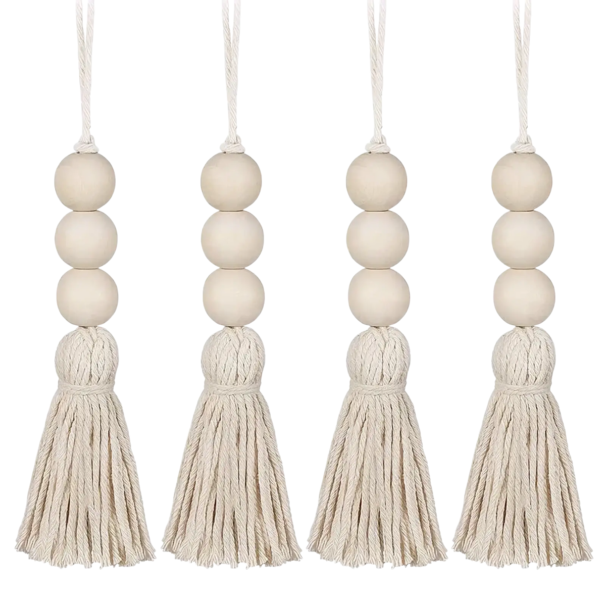 Beige wooden bead garland tassel ornament with natural fiber cords showcasing a decorative tassel detail