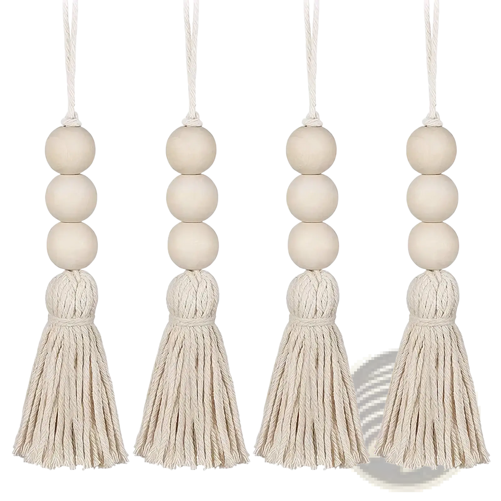 Beige wooden bead garland tassel ornament with natural fiber cords showcasing a decorative tassel detail