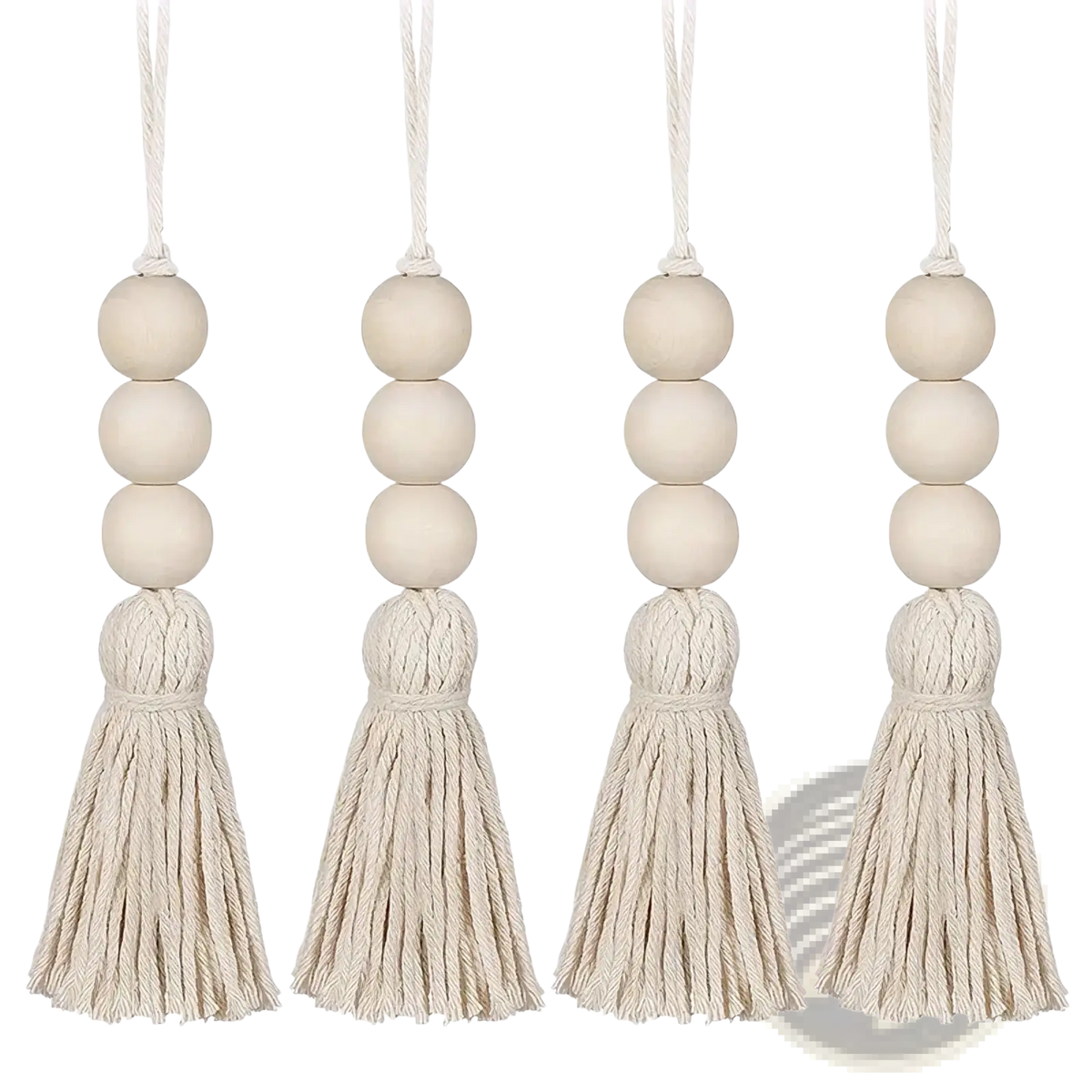 Beige wooden bead garland tassel ornament with natural fiber cords showcasing a decorative tassel detail