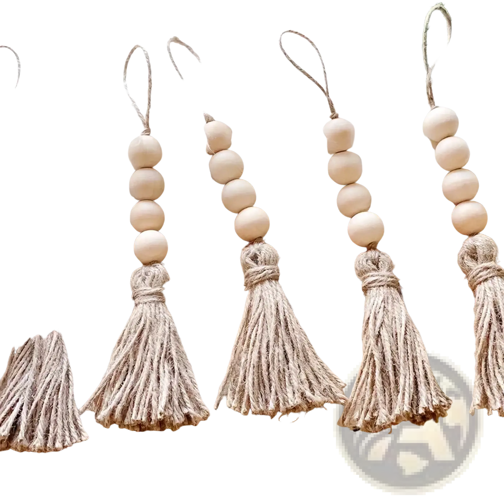 Beige wooden bead garland tassel ornament with natural jute cords showcasing wooden bead tassels
