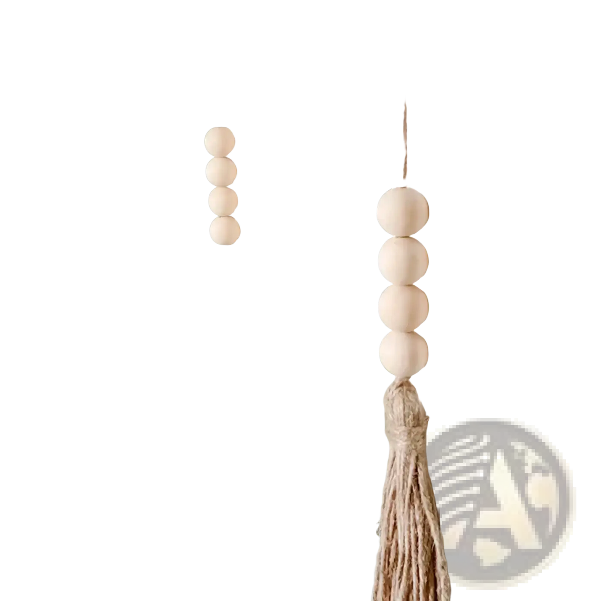 Natural wood bead garland tassel ornament with rustic handcrafted wooden beads in neutral tones for home decor