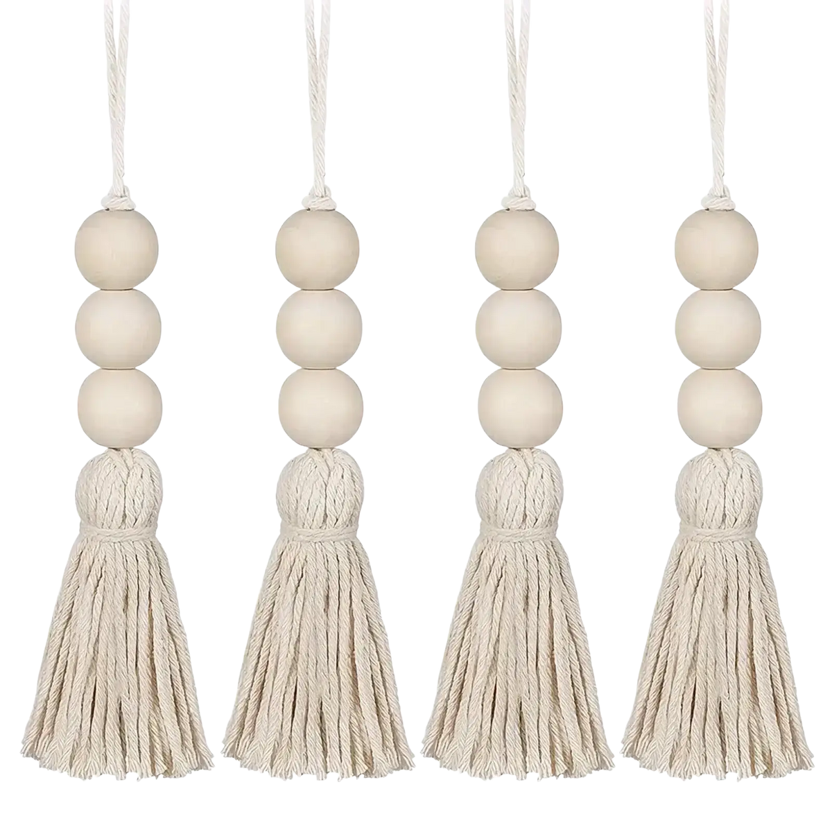 Set of four cream-colored wooden bead garland tassels made of natural fiber cords for decorative use