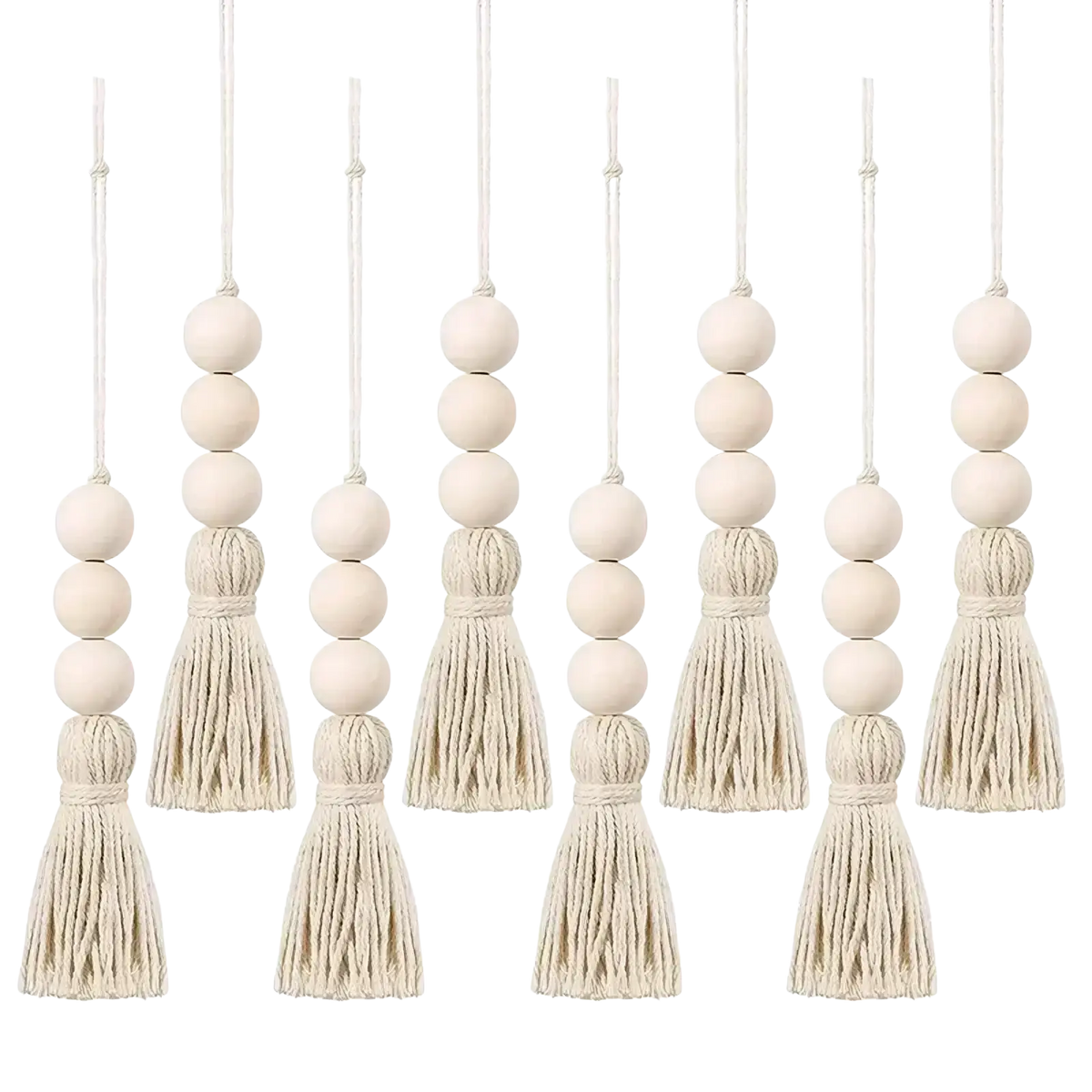 Set of six off-white wooden bead garland tassels with natural fiber cords for decorative use