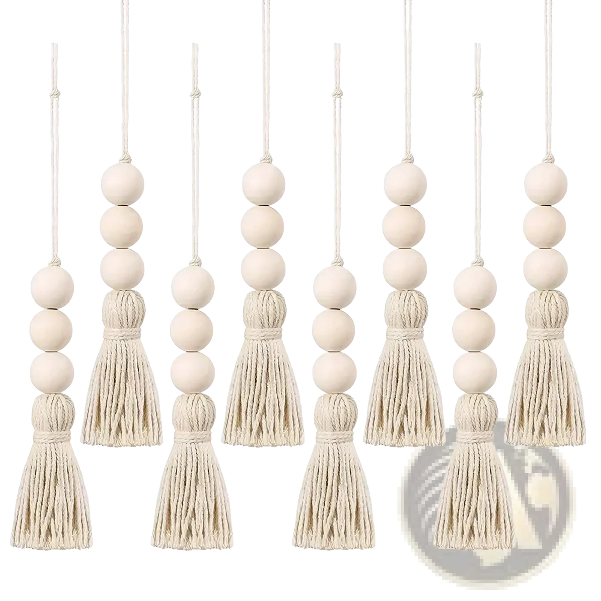 Beige wooden bead garland tassel ornament with natural fiber cords made of wood and natural materials