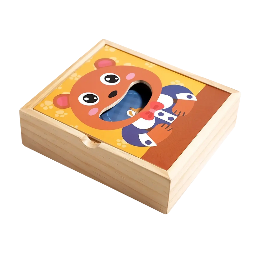 A wooden bear feeding game toy with a cheerful orange bear face lid and colorful cartoon details