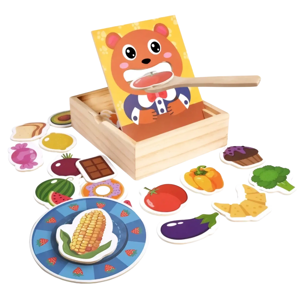 Wooden bear feeding game toy with cartoon bear illustration and matching food-themed wooden cutout pieces