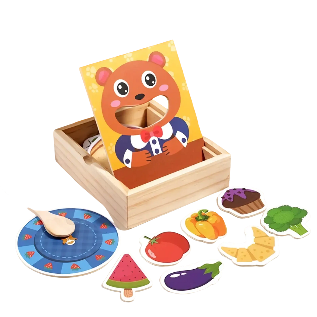 Wooden bear feeding game toy with colorful food-shaped magnetic puzzle pieces in a wooden box with bear face cutout
