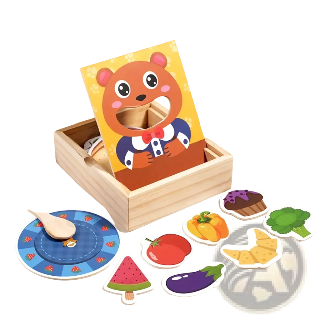 Wooden bear feeding game toy with colorful food-shaped magnetic puzzle pieces in a wooden box with bear face cutout