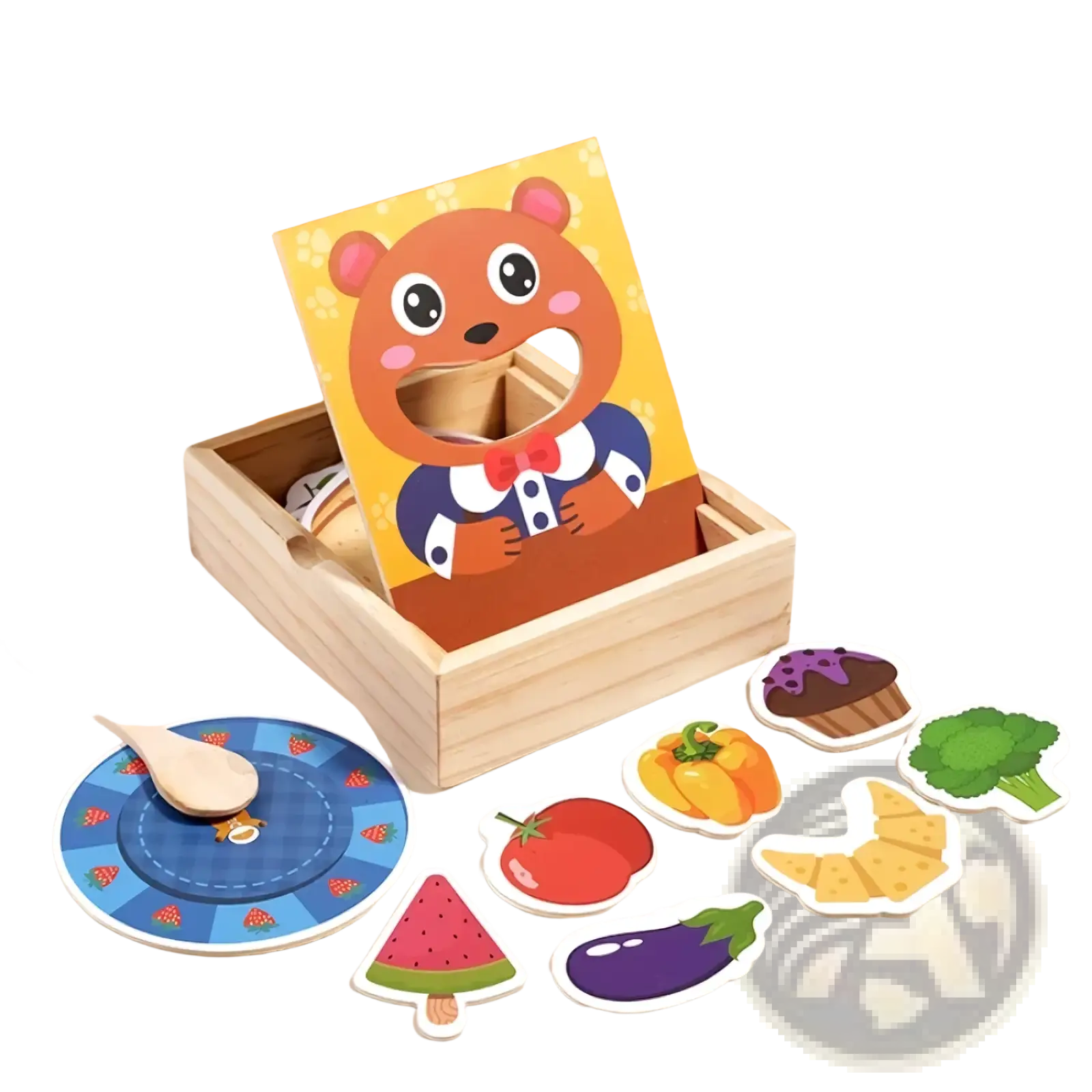 Wooden bear feeding game toy with colorful food-shaped magnetic puzzle pieces in a wooden box with bear face cutout