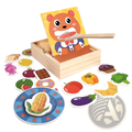 Wooden bear feeding game toy with cartoon bear illustration and matching food-themed wooden cutout pieces