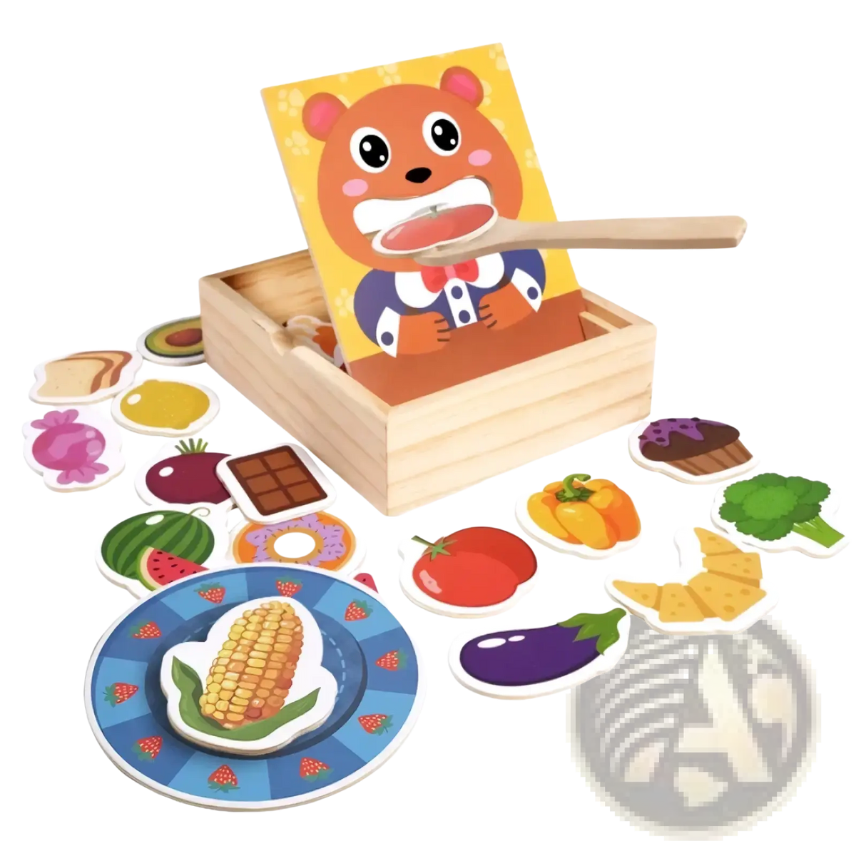 Wooden bear feeding game toy with cartoon bear illustration and matching food-themed wooden cutout pieces