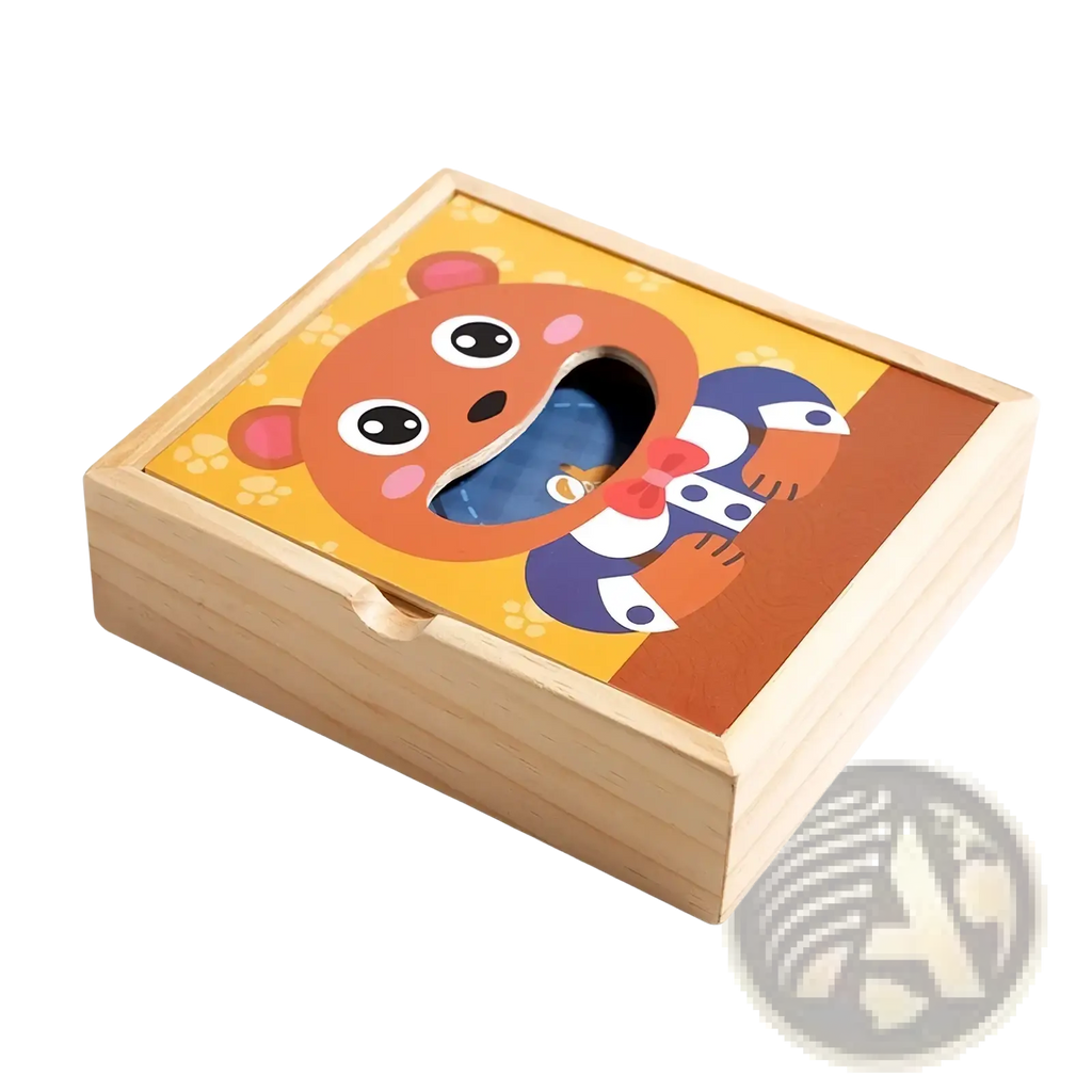 A wooden bear feeding game toy with a cheerful orange bear face lid and colorful cartoon details