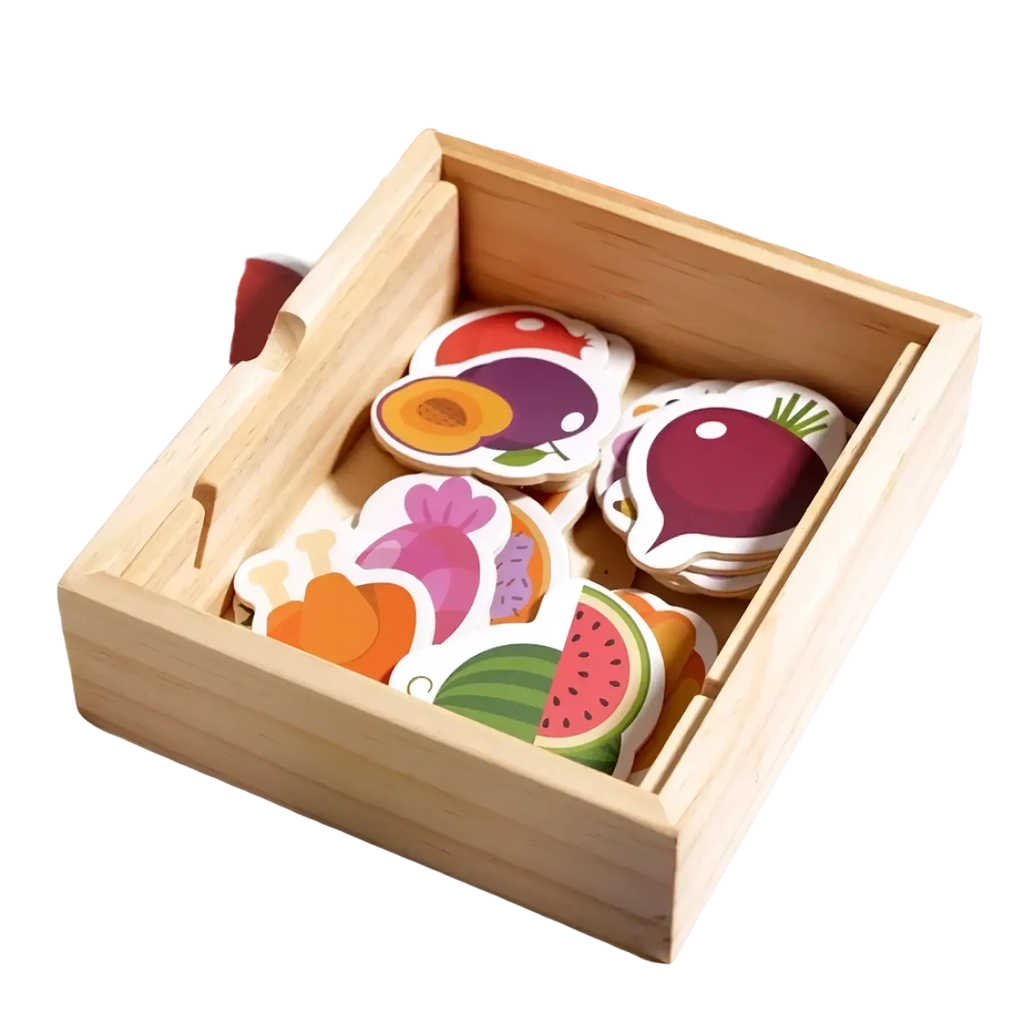 Wooden bear feeding game toy with colorful wooden fruit and vegetable cutouts in a light wood box