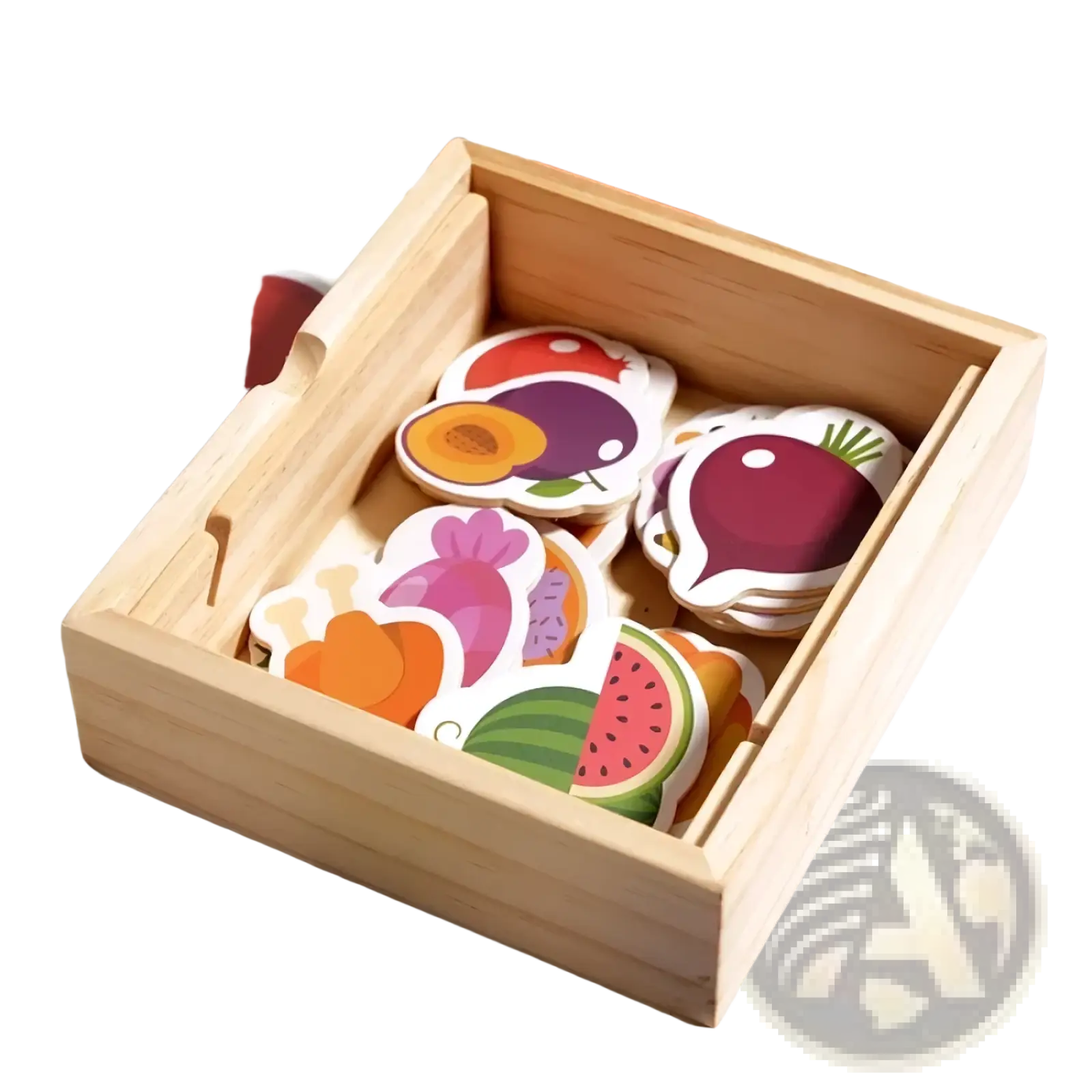 Wooden bear feeding game toy with colorful wooden fruit and vegetable cutouts in a light wood box