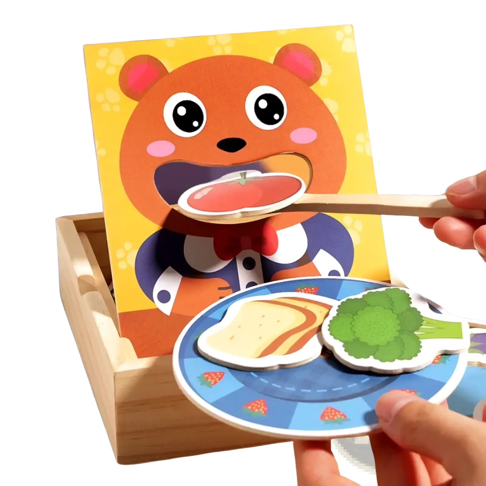Orange bear-themed wooden feeding game toy with cutout food pieces on a blue plate for interactive play