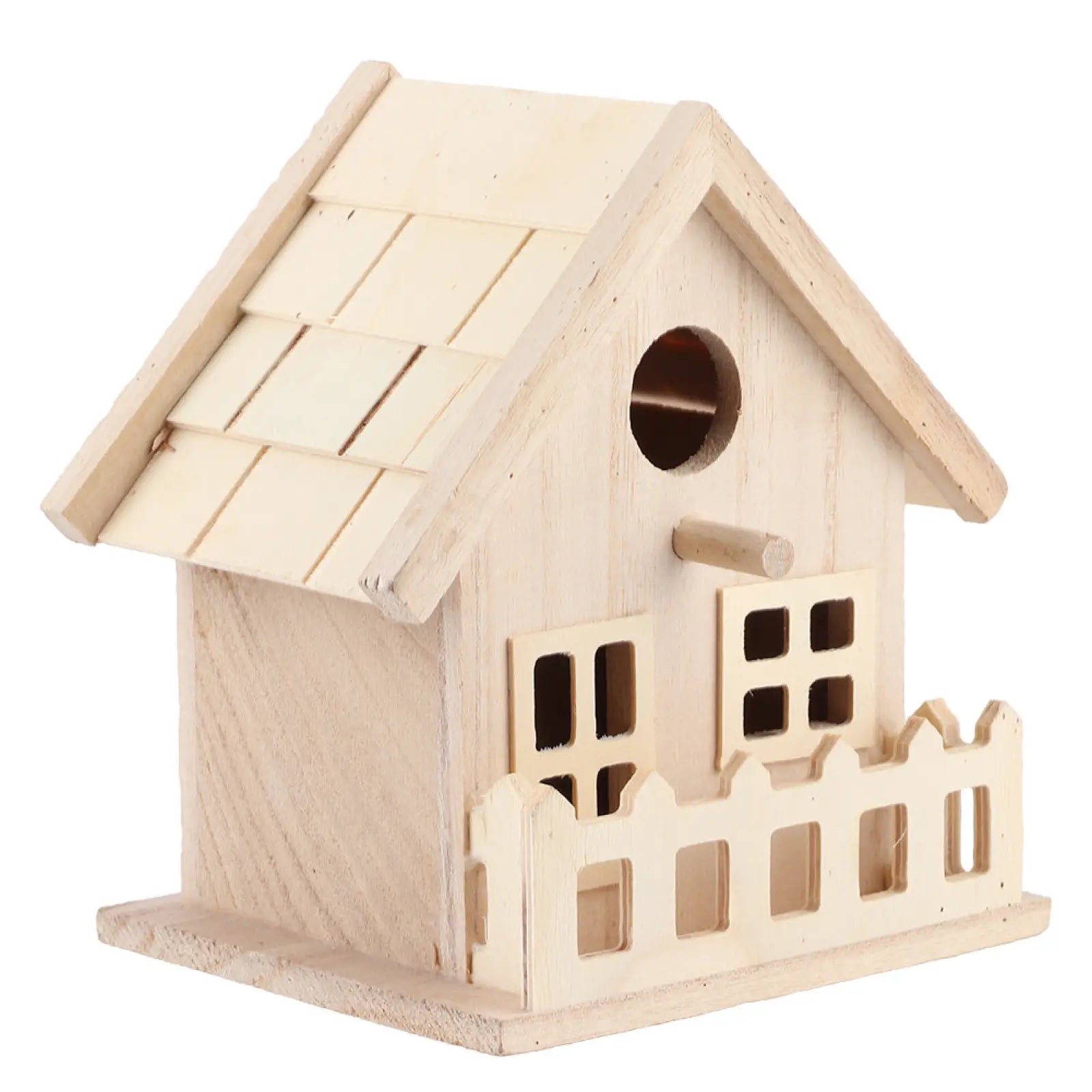 A rustic light-colored wooden bird house with shingled roof and decorative windows for parrots and small birds