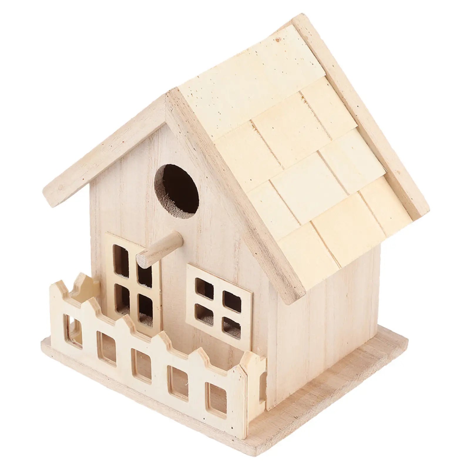 A rustic unfinished wooden bird house with a slanted roof and decorative windows for parrots and small birds