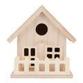 A rustic white wooden bird house with a slanted roof and circular entrance for parrots and small birds