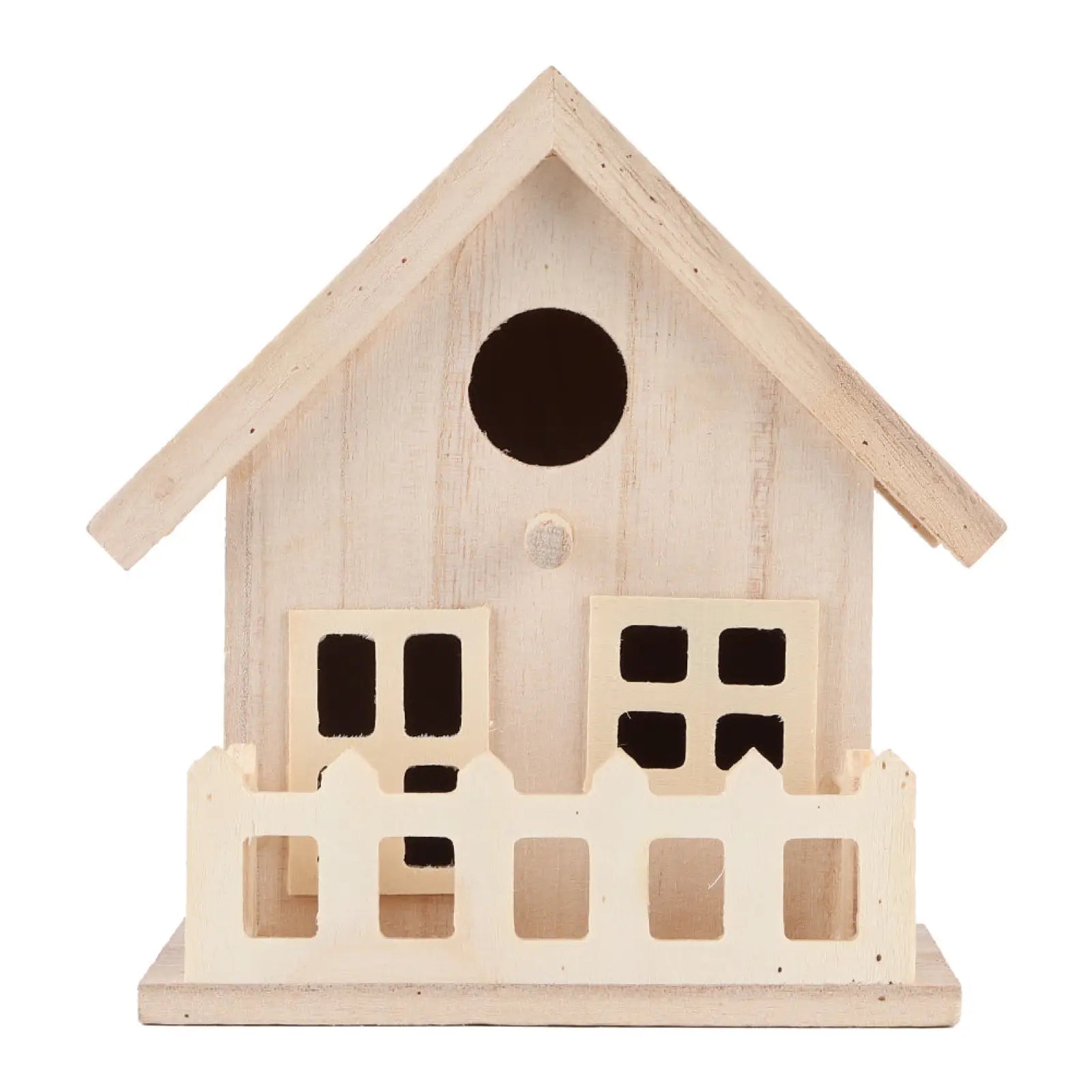 A rustic white wooden bird house with a slanted roof and circular entrance for parrots and small birds