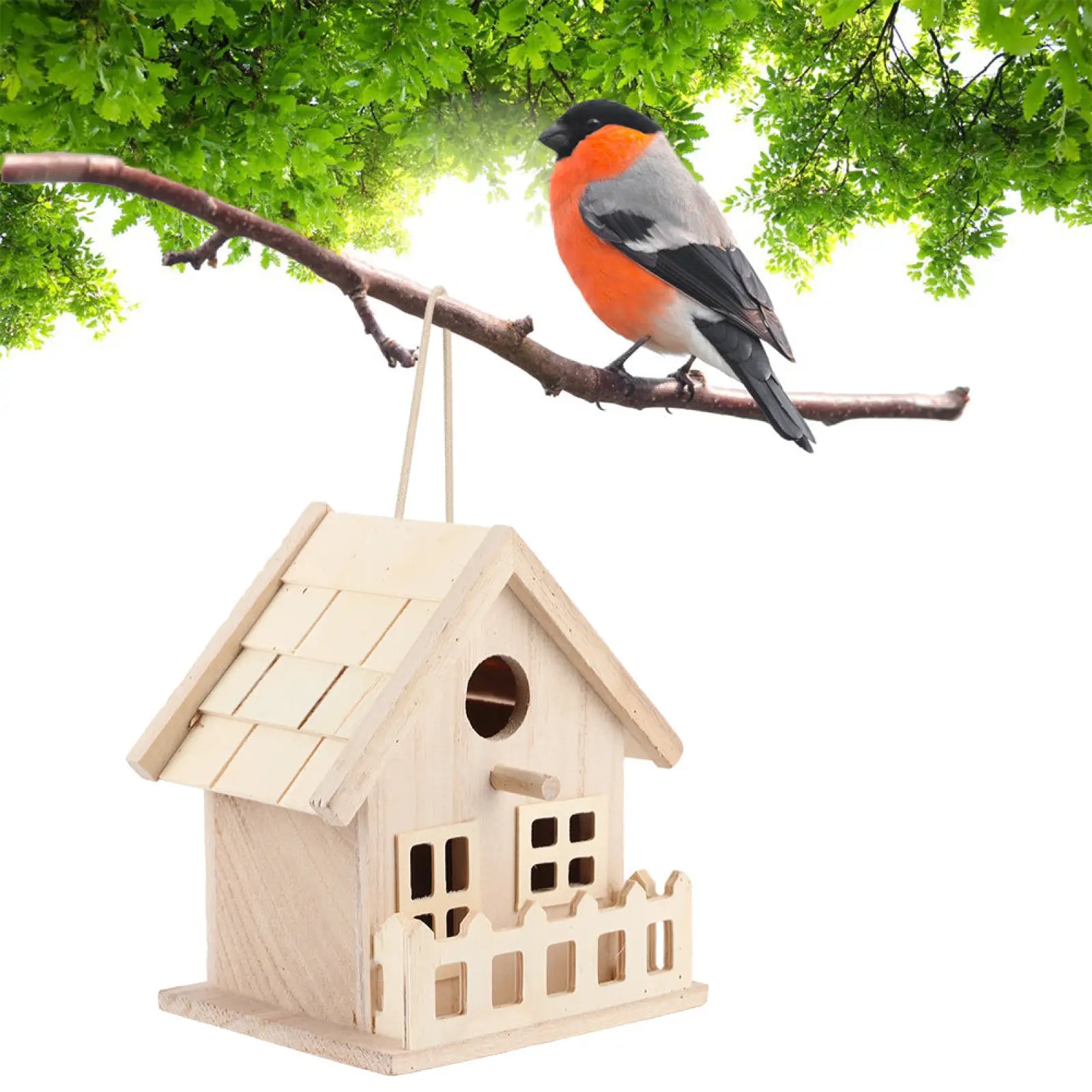 A light-colored wooden bird house with a shingled roof small windows and decorative fence base for parrots and small birds