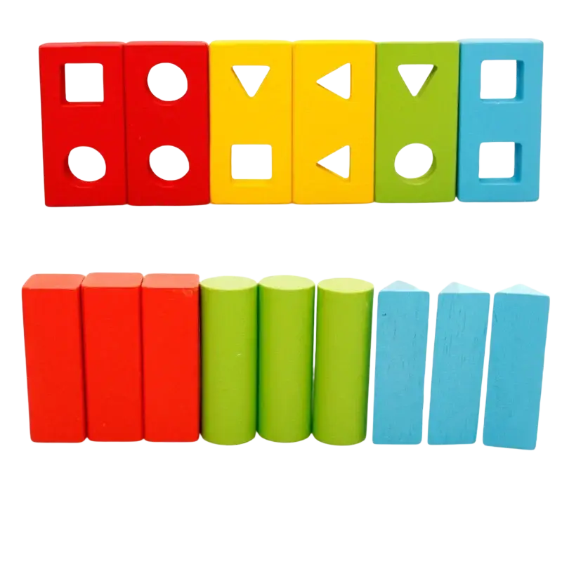 Brightly colored wooden blocks shape sorting toy featuring geometric cutouts and solid shapes in red yellow green and blue