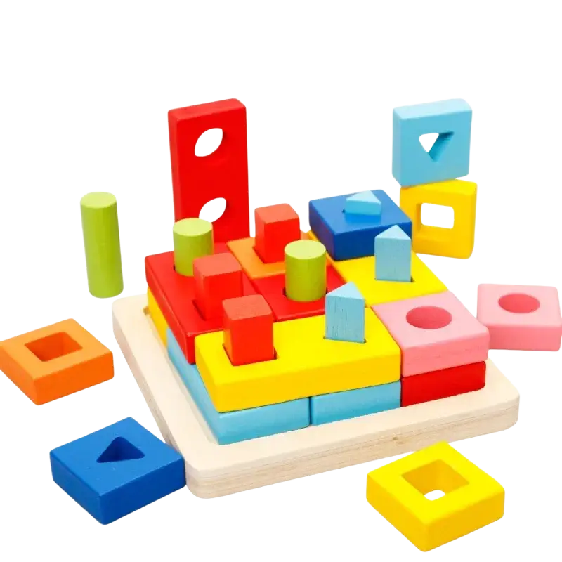Colorful wooden blocks shape sorting toy with red blue yellow green orange and pink geometric pieces for montessori learning