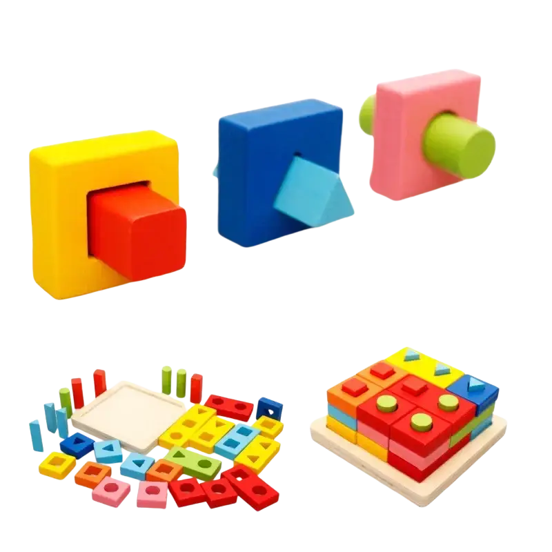 Colorful wooden blocks shape Montessori sorting toy featuring geometric stacking and sorting wooden blocks shape set