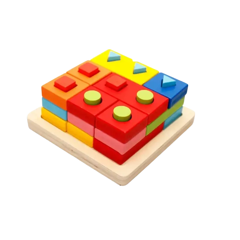 Wooden blocks shape sorting toy with vibrant red yellow blue and green blocks on light wood base for montessori learning