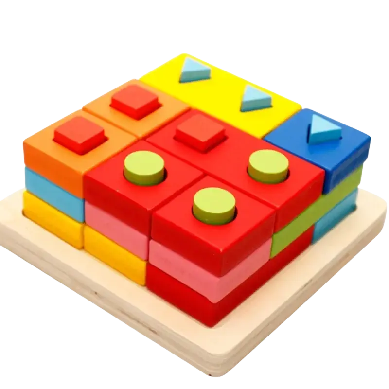 Colorful wooden blocks shape Montessori sorting toy with vibrant red orange yellow blue and green pieces on light wood base