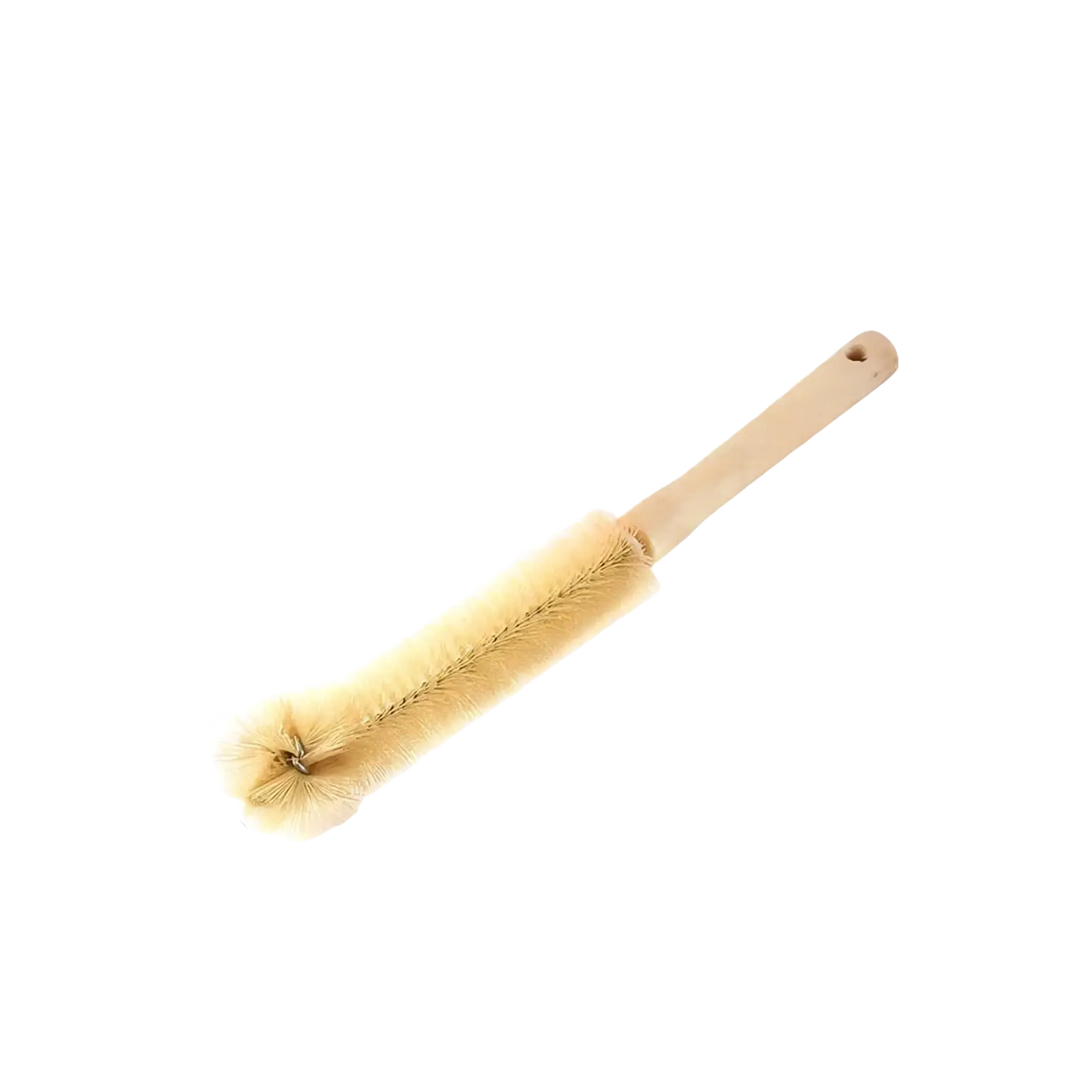 Wooden bottle cleaning brush with a 30cm long handle, light beige dense bristles, and a wooden handle