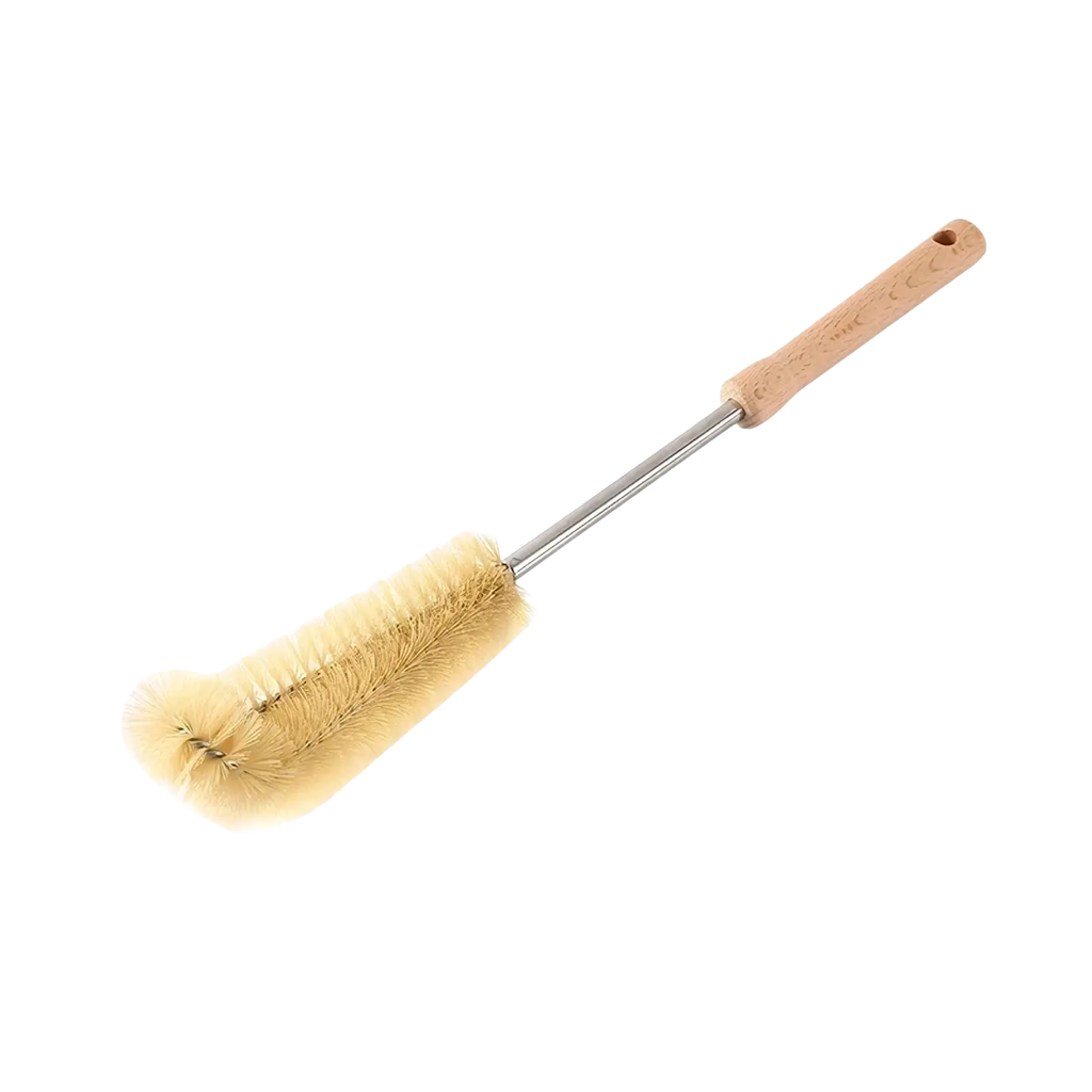 Wooden bottle cleaning brush with long light brown handle and soft pale yellow bristles for thorough cleaning