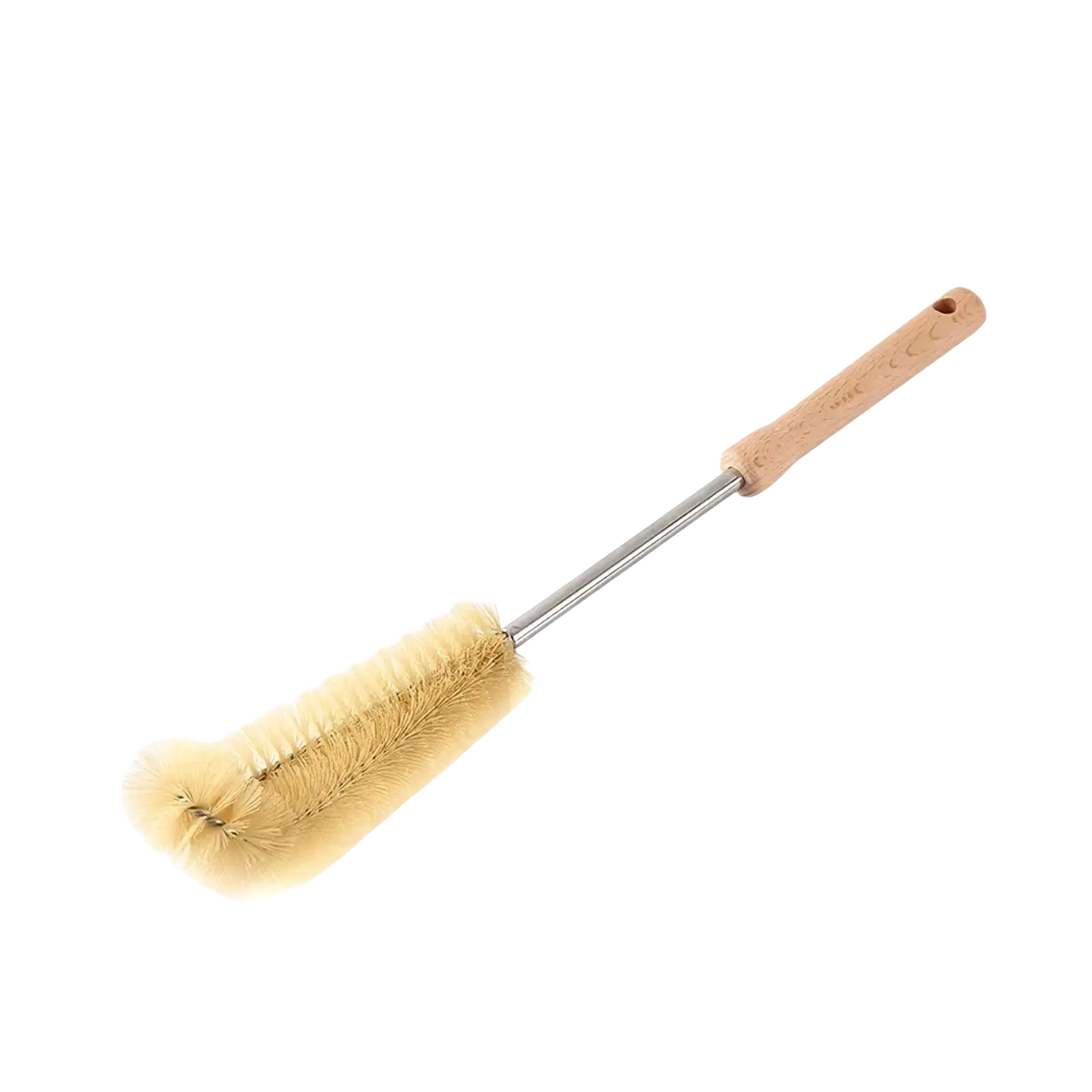 Wooden bottle cleaning brush long handle with light brown wooden handle stainless steel shaft and soft beige bristles