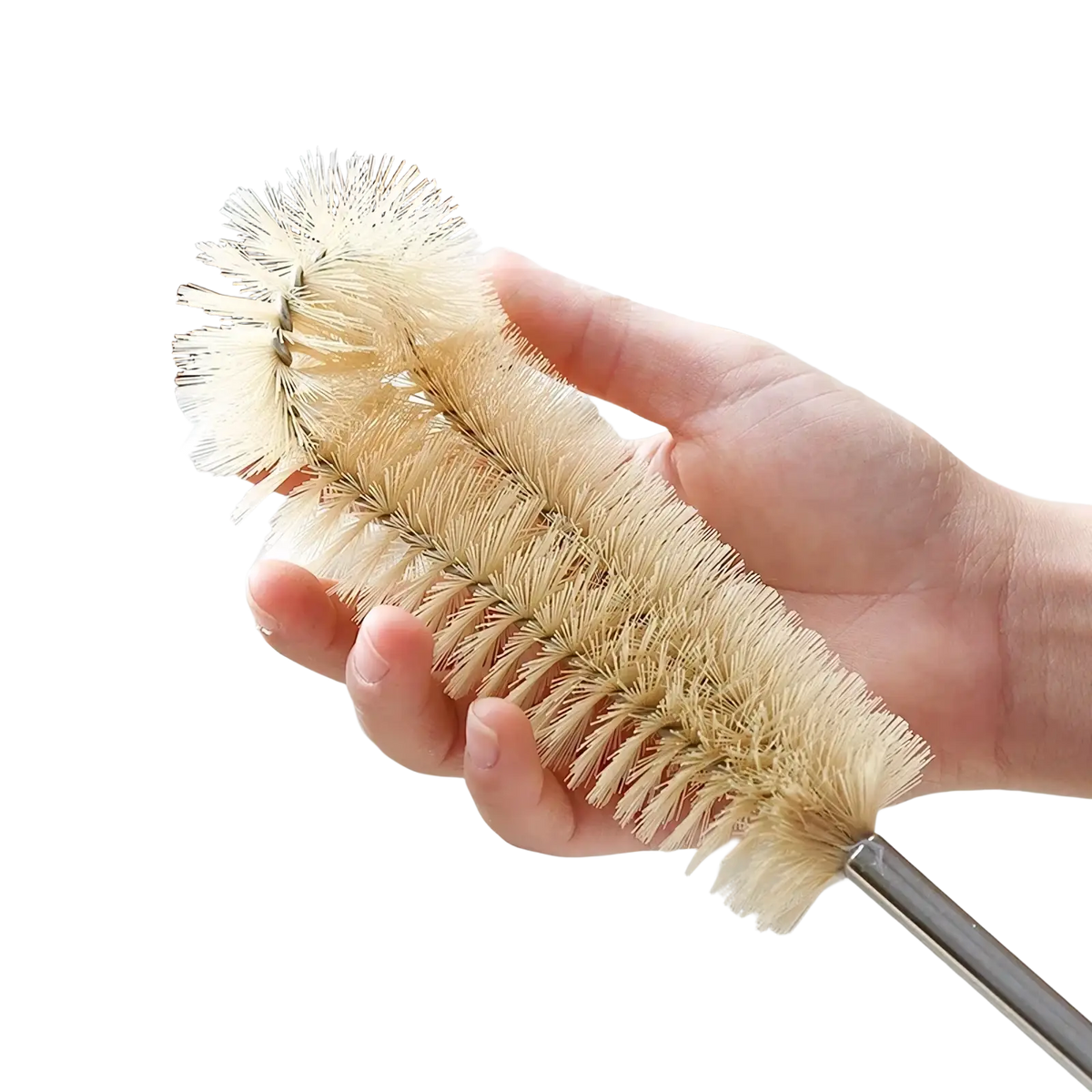 A beige bristle tipped wooden bottle cleaning brush with a long sleek metallic handle for effective cleaning