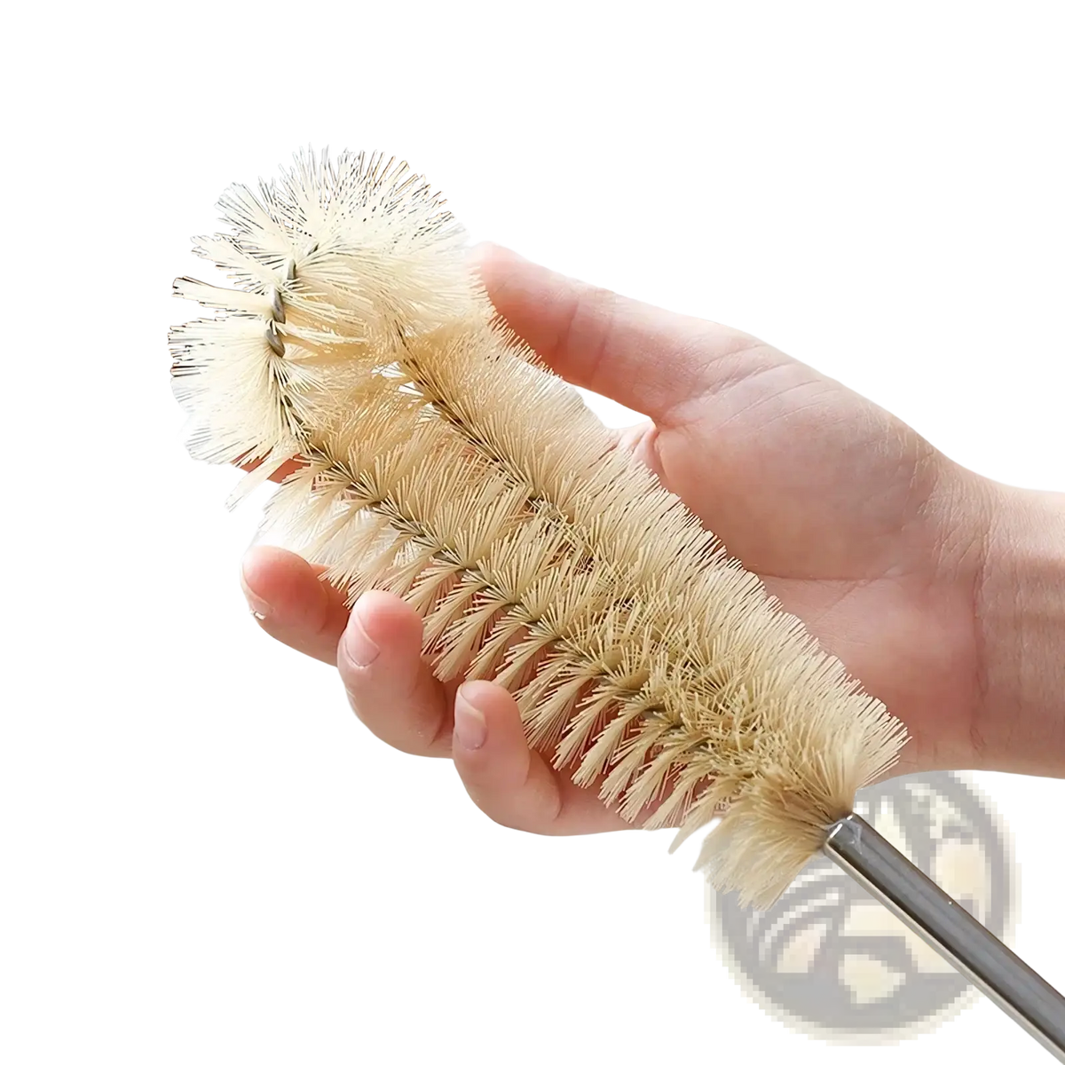 A beige bristle tipped wooden bottle cleaning brush with a long sleek metallic handle for effective cleaning
