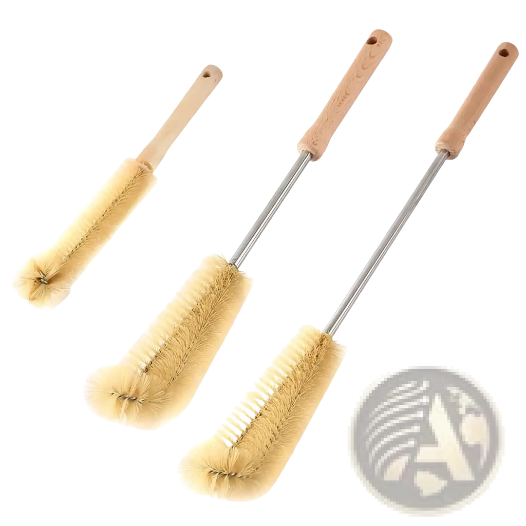 Set of three wooden bottle cleaning brushes with long metal shafts and beige bristles for effective bottle cleaning