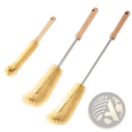 Set of three wooden bottle cleaning brushes with long metal shafts and beige bristles for effective bottle cleaning