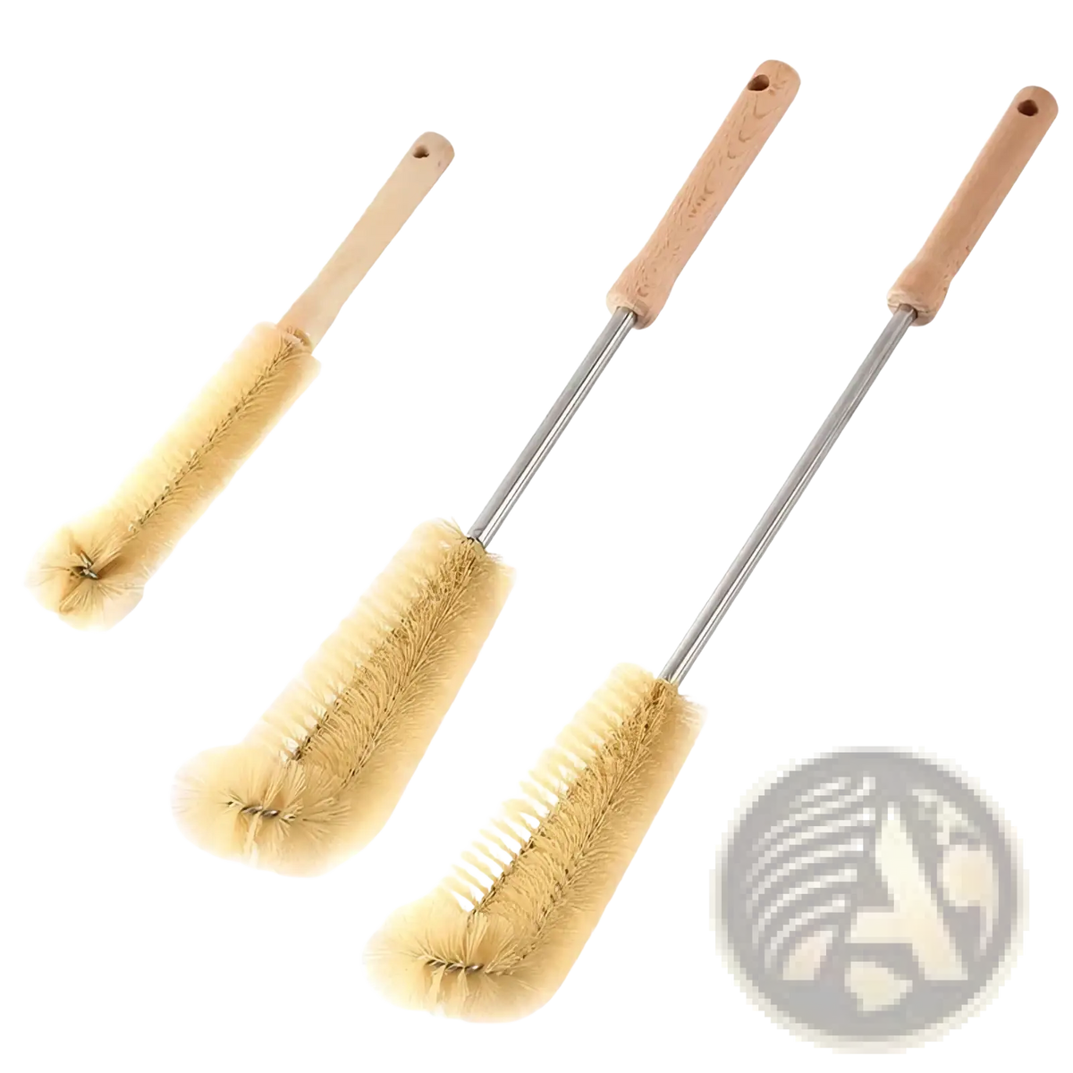 Set of three wooden bottle cleaning brushes with long metal shafts and beige bristles for effective bottle cleaning
