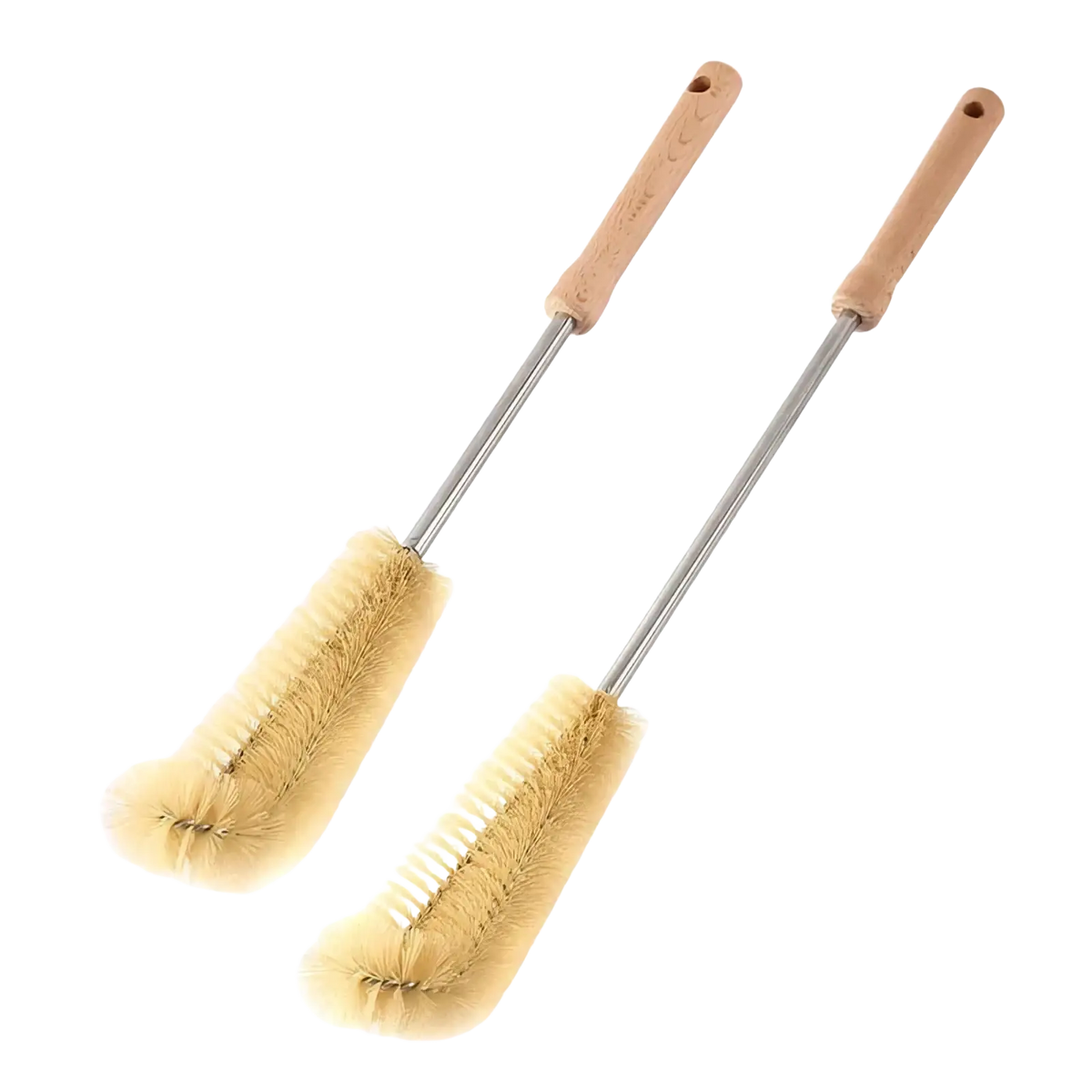 Pair of wooden bottle cleaning brushes with beige bristles metal shafts and long handles for effective cleaning