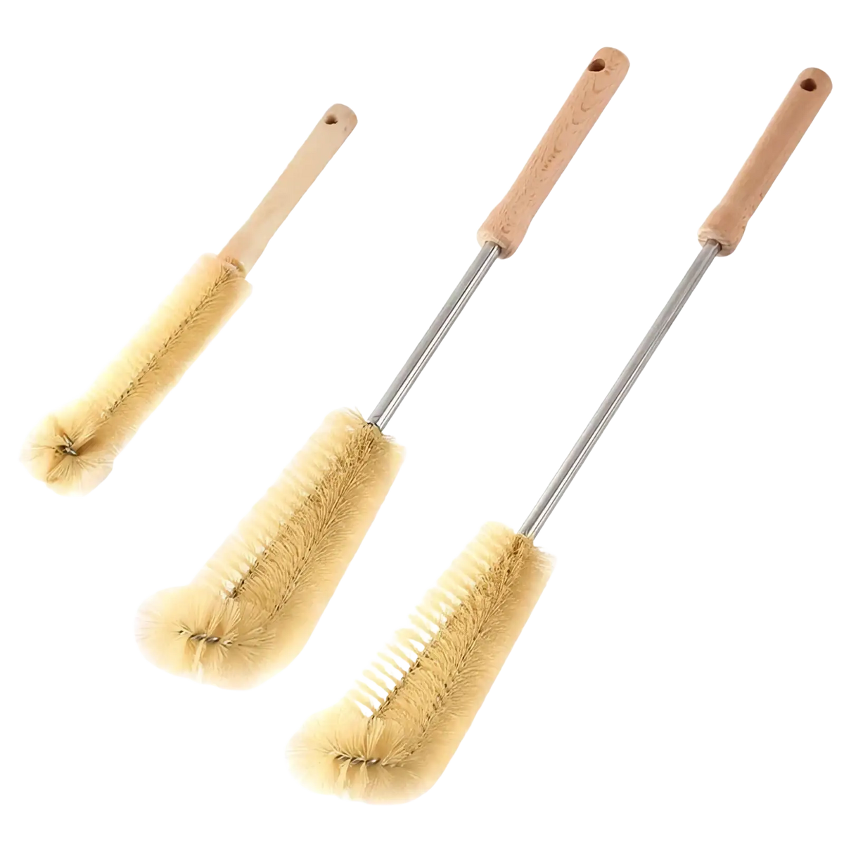 Set of three wooden bottle cleaning brushes with long metal shafts and beige bristles for effective bottle cleaning